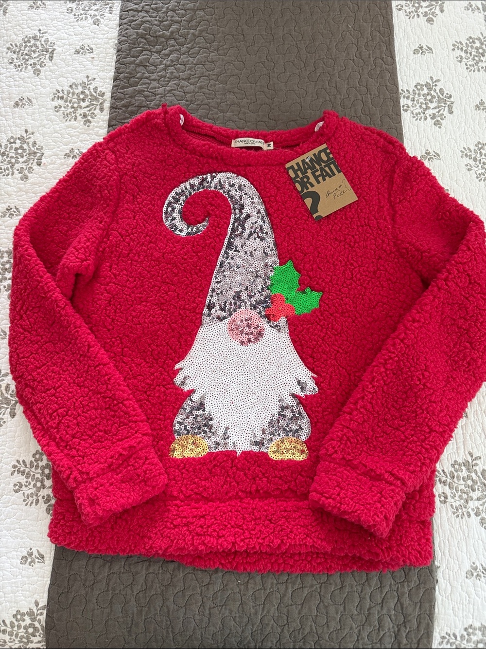 Chance or Fate Red Sherpa Gnome Sequin Sweatshirt